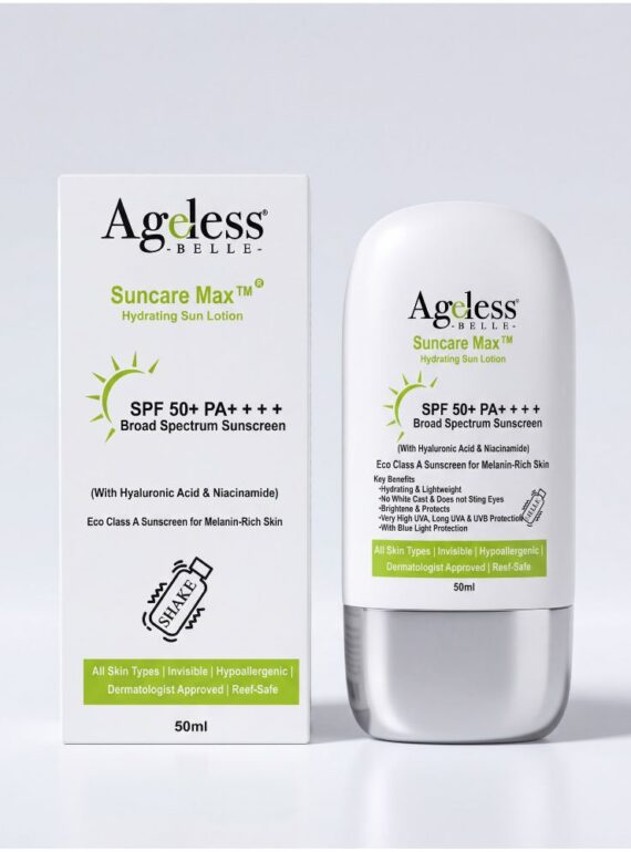 Ageless Belle Suncare Max SPF 50+ sunscreen for melanin-rich skin formulated in Kenya